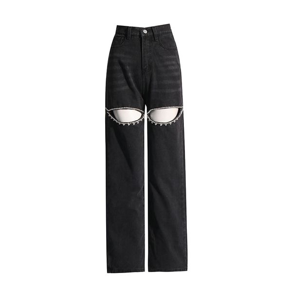 Calças de brim femininas moda diamantes emenda rasgado corte frente amor volta perna larga 2024 ins rua calças jeans