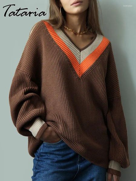 Damenpullover Oversize-Pullover Winter Herbst Beige V-Ausschnitt gestreift gestrickt warm lose Pullover Vintage Baggy für Damen