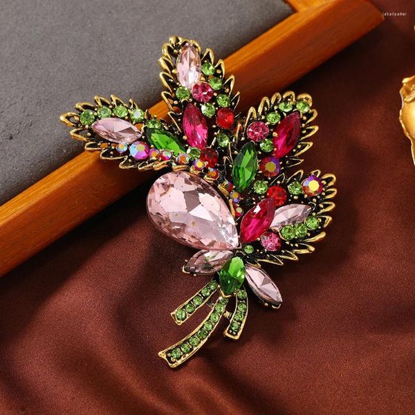 Broches elegantes femininos homens luxo cristal flor emblemas moda vintage senhora requintado exagerado strass floral corsage pino