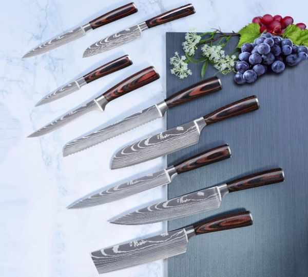 Set di coltelli da chef Professione Coltelli da cucina giapponesi Laser Damasco Modello Sharp Santoku Mannaia Affettare Utility Coltelli per disossare Cooki1428584