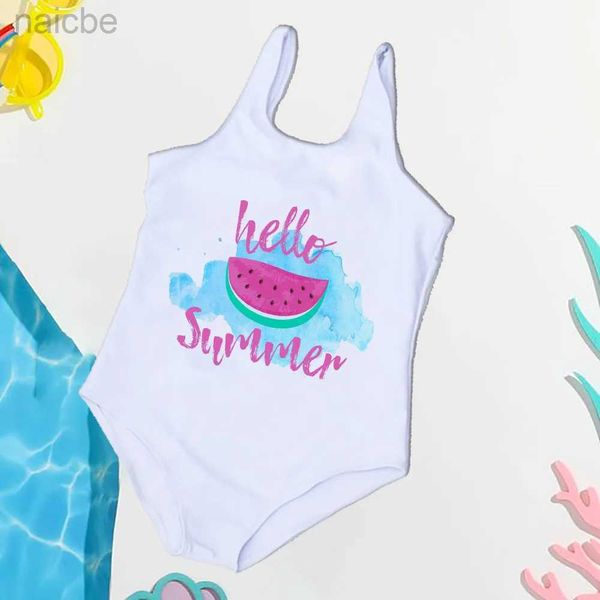 One-Pieces Hello Summer Baby-Einteiler-Badeanzug für 2–7 Jahre, Sommer-Kleinkind-Badebekleidung, niedliche Bikini-Badeanzüge, Strand-Party-Kleidung 24327