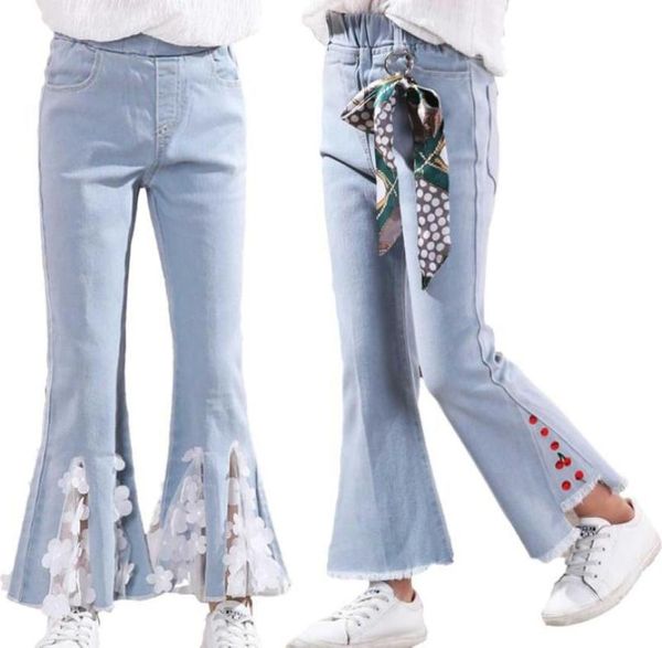 Calças de brim crianças meninas rendas plissado flare para crianças adolescentes cintura elástica calças jeans sino bottoms calças leggings6872823