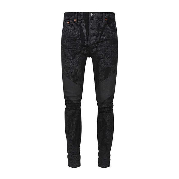 High Street Trendy Brand Pur Schwarz beschichtete Jeans für Herren mit Wasserwaschmuster, elastisches Abnehmen und Trimmen