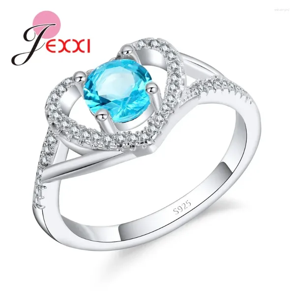 Anelli a grappolo Anello di cristallo di lusso per ragazza Lady Wedding Party Argento sterling 925 Donne a forma di cuore Micro CZ Pietre intorno