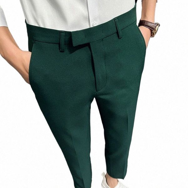 2024 Estate Fi Mens verde scuro pantaloni dell'abito colore puro Busin Occupati Slim Fit Dr Office pantaloni alla caviglia m0gt #