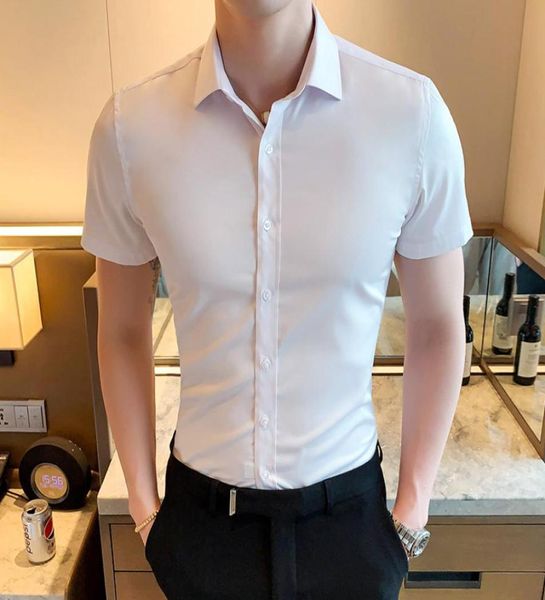 Мужская белая классическая рубашка Мужская черная рубашка в повседневном стиле Men039s Летняя розовая повседневная рубашка с коротким рукавом на пуговицах Slim Fit Chemise Homme6990418