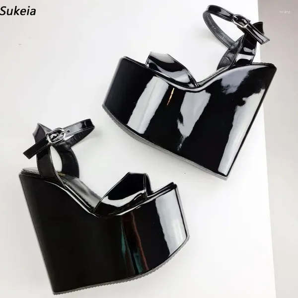 Sandálias Sukeia Handmade Mulheres Plataforma de Verão Patente Cunhas Salto Redondo Toe Nice Black Party Shoes Senhoras Plus Size 5-15