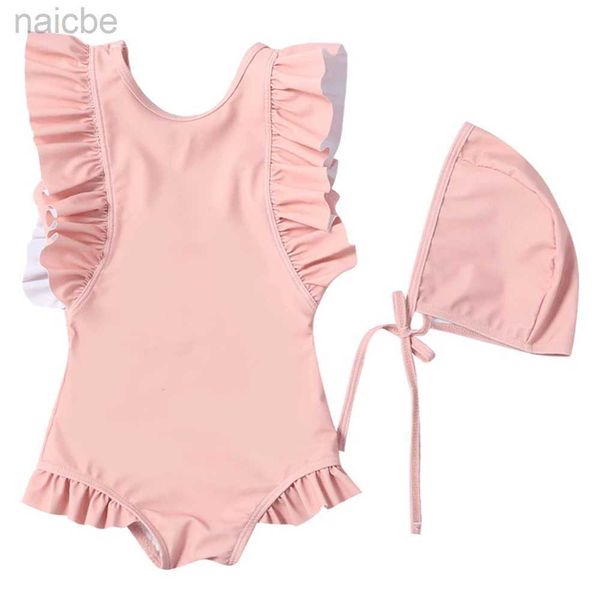 Costume intero Happyflute 0-8 anni per bambini costume da bagno intero in tinta unita stile arricciato neonate moda principessa vestito da nuoto con cappello 24327