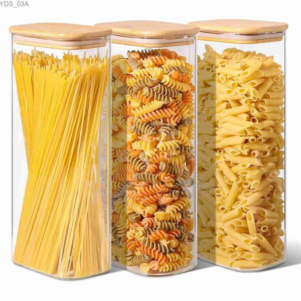 Barattoli per bottiglie di stoccaggio Barattoli di stoccaggio trasparenti rettangolari con coperchi in bambù per zucchero, caffè, dispensa, contenitore per organizer per pasta, tè, caramelle, noci 240327