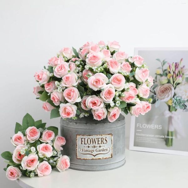 Flores decorativas 10 cabeças de buquê de rosa rosa artificial Peonias de seda DIY FLOR DIY PARA VASO DE CASAMENTO DE CASAMENTO EL TABELA CENTERNA