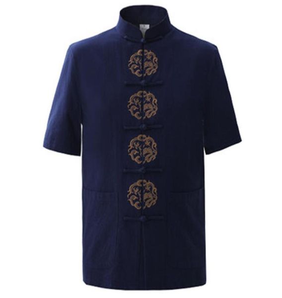 Ganzer Sommer Marineblau Herren039 Baumwolle Stickerei Drachenhemd Tops Vintage Chinesisches Kurzarmhemd Tang-Anzug Größe M X5127225