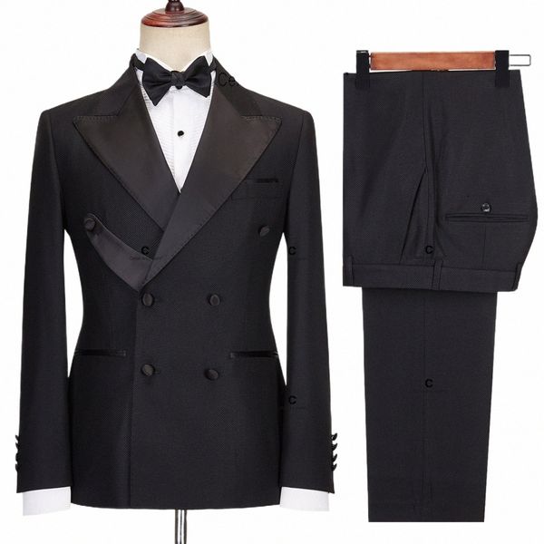 cenne Des Graoom 2024 nuovi abiti eleganti smoking per uomo doppio petto colletto in raso nero giacca pantalone 2 pezzi set da sera di nozze S1Nj #