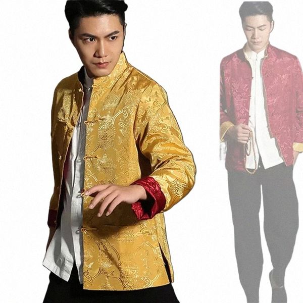 2023 Primavera Mens Cina stile stampa vestito di linguetta rana Butt Jacket Mens Oriental Tai Chi Kung Fu asiatico cinese Top Jacket Coat c6QF #