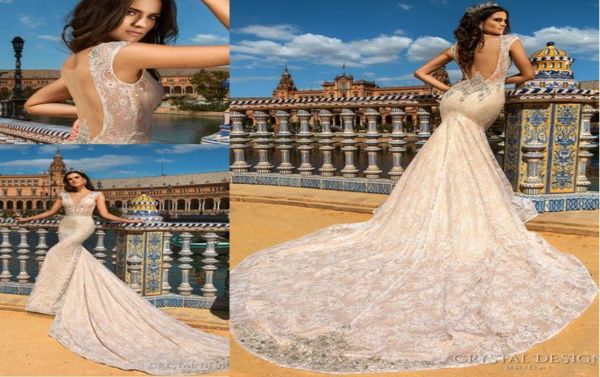 Великолепные дизайнерские кружевные свадебные платья русалки 2018 robe de mariage с V-образным вырезом без рукавов и бисером Хрустальный шлейф с открытой спиной Пляж B5767689