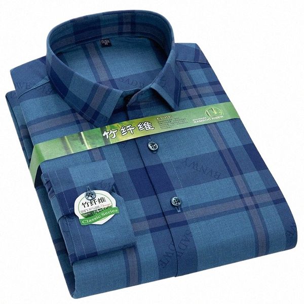 Faboten Herren-Bambusfaser-Dr-Shirts 2023 neue Busin-Lg-Ärmel koreanische dünne Smart-Casual-Butt-Up-Fi-Streifen-Plaid Z72A #