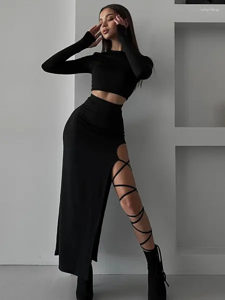 Vestidos de trabalho taruxy fendas laterais rendas até saia define sexy magro sólido bodycon colheita topos mulher cintura alta maxi saias 2 peça ternos das mulheres