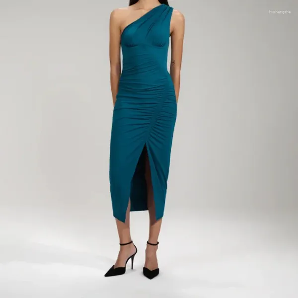 Vestidos casuais 2024 de alta qualidade primavera verão sólido verde escuro bodycon sem mangas de um ombro sem costas midi vestido para mulheres