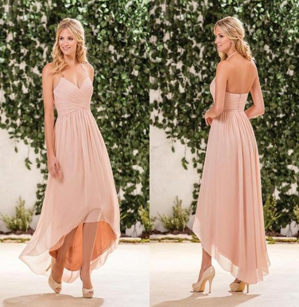 Halter High Low Brautjungfernkleider Erröten Rosa Chiffon Rüschen Plissee Rückenfrei Formal Land Plus Size Lange Trauzeugin Kleider4205566