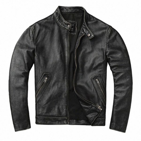 Jaqueta de couro genuíno dos homens jaqueta de couro outono inverno cinza disred casual motocicleta gola casaco masculino plus size m09h #