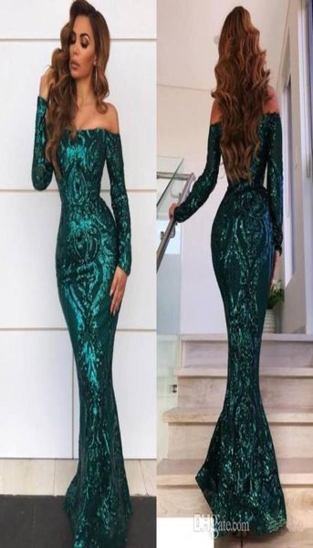 Neue arabische Art-Smaragdgrün-Nixe-Abend-Kleider reizvolle weg von den Schultern elegante lange Abschlussball-Kleider Spitze-Pailletten-Festzug trägt307724353360