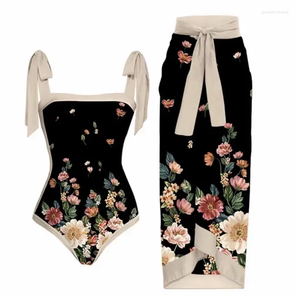 Roupa de banho feminina preto e branco gradiente flor impressão biquíni uma peça cinta pescoço quadrado retro maiô moda sexy sem costas beachwear