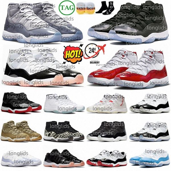 Cool Grey DMP Gratitude Neapolitan Cement low 72-10 Bred 11s 11 Cherry Space Jam Concord Olive giallo Snakeskin Midnight Navy Scarpe da basket Uomo Donna Pure Violet