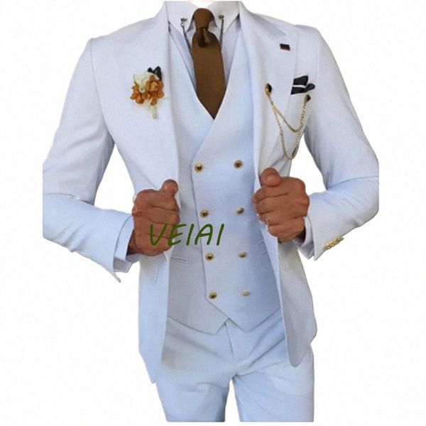 Erkekler Ceket Yelek Pantolon Üç Parça Beyaz Smokin Tek Göğüslü Balo Blazer İnce Fit Hombre Kostüm Homme Yüksek Kalite V3T5#