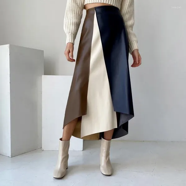 Saias contraste cor estilo coreano y2k faldas largas longo meio comprimento médio a linha de couro patchwork harajuku midi