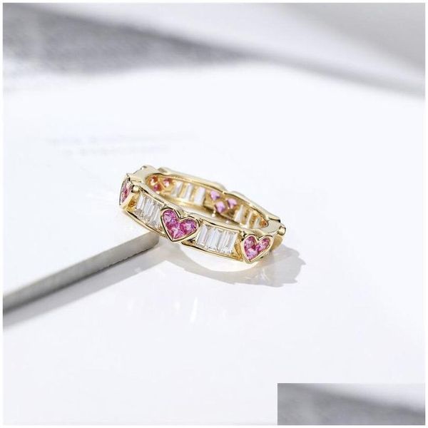 Anéis Clássicos Jóias Finas 925 Sterling Sier Gold Fill Rosa Safira Cz Diamante Gemstones Coração Forma Mulheres Banda Anel Drop Delivery OTPBQ