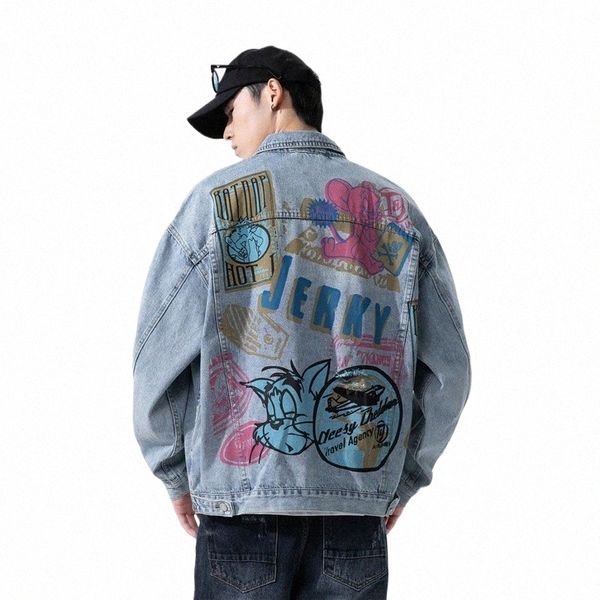 Carto Graffiti Katze Maus Druck Jeansjacke Männer und Frauen Paar Frühling Herbst Streetwear Casual Lose Oberbekleidung x8jL #