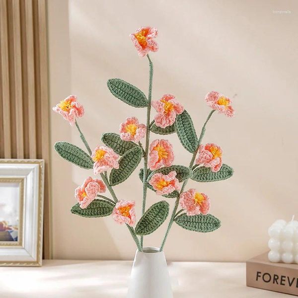 Flores decorativas crochê flor de malha artificial flor de pêssego buquê artesanal algodão tecido arranjo casa mesa vaso decorações