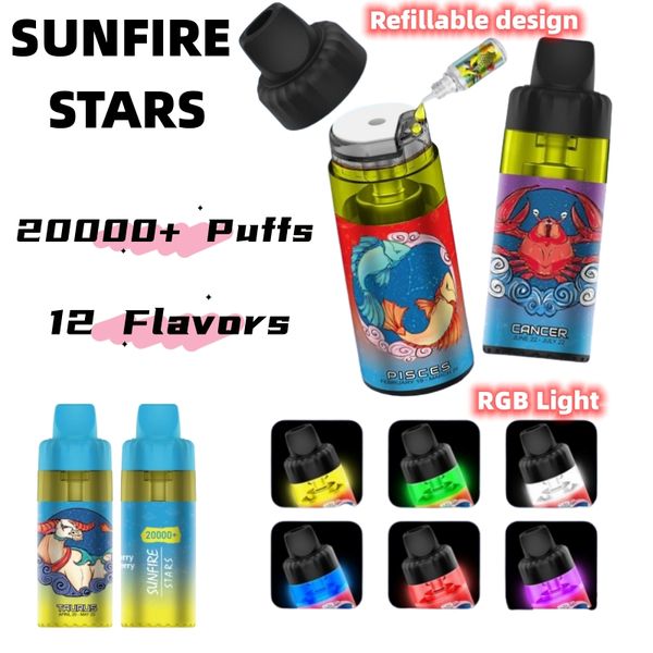 Original Sunfire estrelas 12000PUFFs Vape descartável Cigarro eletrônico Fluxo de ar recarregada RGB Vapor E Cigs DTL MTL WAPE Puff Vaper 12k 15k Puff na França Holanda