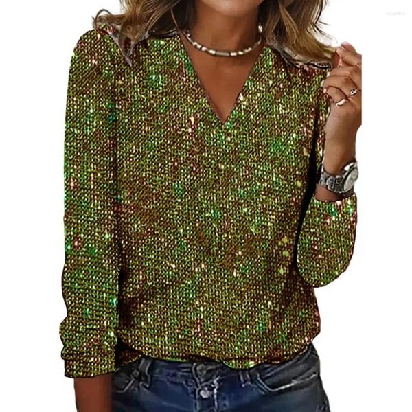 Damenblusen, Damenoberteil, glitzernde Pailletten-Bluse mit V-Ausschnitt für eleganten Langarmpullover mit weichem Stoff, stilvolles Tragen in reinen Farben