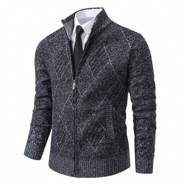 Jaquetas de inverno de outono Homens Smart Casual Gola Sweatercoat Fi Geométrica Knit Outerwear Mens Slim Coat Zipper Jacket p45s #