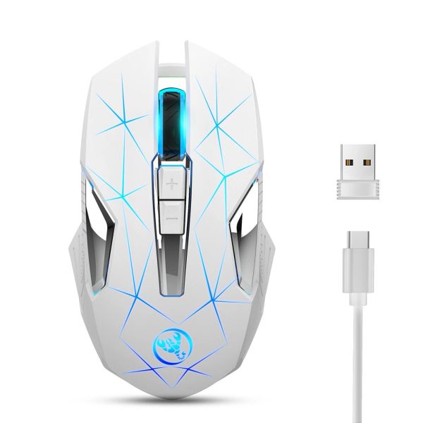 Ratos HXSJ T300 Mouse sem fio 2.4G Mouse ergonômico 2400 DPI Mouse óptico RGB Backlight Mute Gaming Mouse Branco