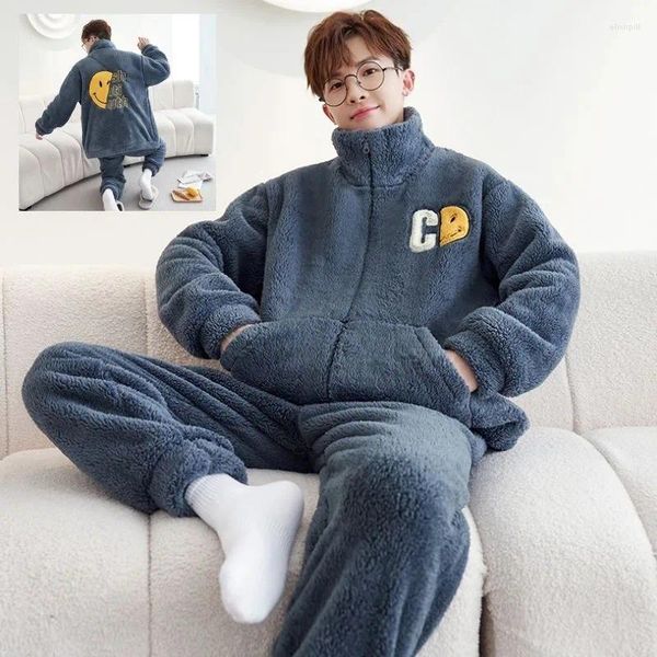 Erkekler Placowear Mercan Kadife Pijamalar Erkekler Sonbahar Kış Takımı Peluş Kalın Ortaokul Öğrencisi Sevimli Büyük Pazen Loungewear Seti