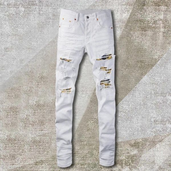Jeans masculinos 2024 moda branco high street remendado buraco calça jean calças de motocicleta homens punk magro longo denim hombre