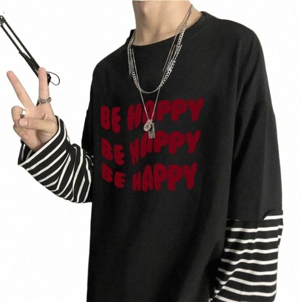fi Lettera BE HAPPY Stampa Patchwork T Shirt Estate Stili Lg Manica Patchwork Tees Camicie Oversize Semplice Top T-shirt Z5nN #
