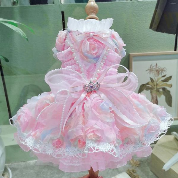 Cão vestuário doce doce cor roupas para animais de estimação rosa azul flor pérola coroa arco luxo artesanal vestido de princesa para pequeno médio chihuahua