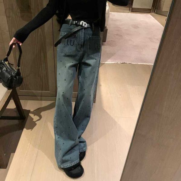 Женский дизайнер джинсов Mi * 23ss Ранняя осень новая буква горячая бриллиантовая синяя высокая талия с прямой ногой.