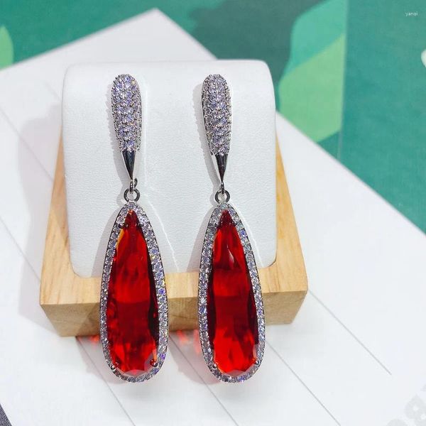 Brincos pendurados 2024 gota de água simples azul vermelho zircônia cúbica prata cor gema pedra pendurada para mulheres joias de festa