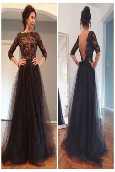 2019 clássico preto vestidos de noite abendkleider sem costas rendas longo vestido formal robe de soiree vestido de festa meia manga baile d8934653