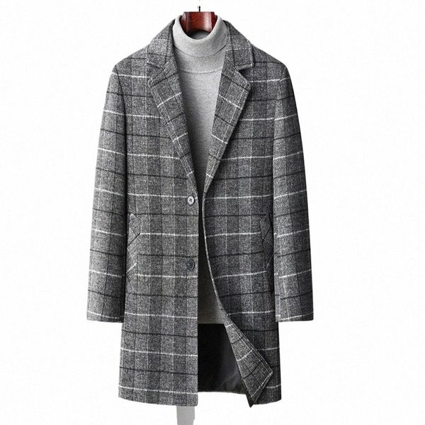 2023 Autunno Inverno Uomo Classico Plaid Cmere Cappotto di tweed Grigio Cammello Modello a quadri Cappotto di lana misto lana di pecora Abiti maschili 96Gw #