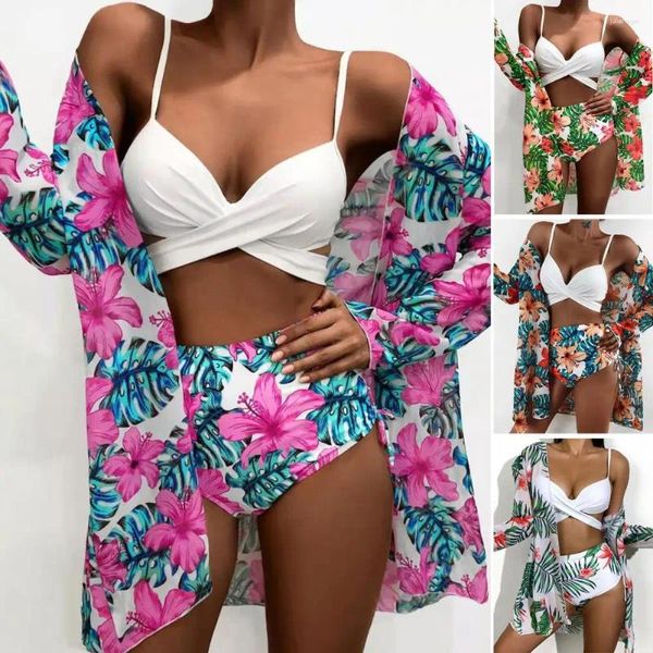 Costume da bagno da donna Costume da bagno liscio Bikini con stampa floreale con slip a vita alta Reggiseno a tracolla incrociata Cardigan Copricostume estivo per la spiaggia A