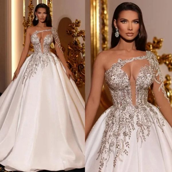 2024 Africano Nigéria Vestidos de Noiva Vestidos de Noiva de Um Ombro Vestidos de Casamento Ilusão Strass Cristais Frisados ​​Satin Vestido de Noiva para Mulheres Negras Meninas NW150