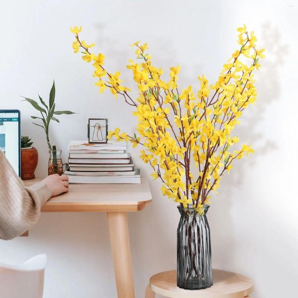 Flores decorativas simuladas flor de primavera único ramo 5 garfos flor artificial amarela interior casa arranjo floral