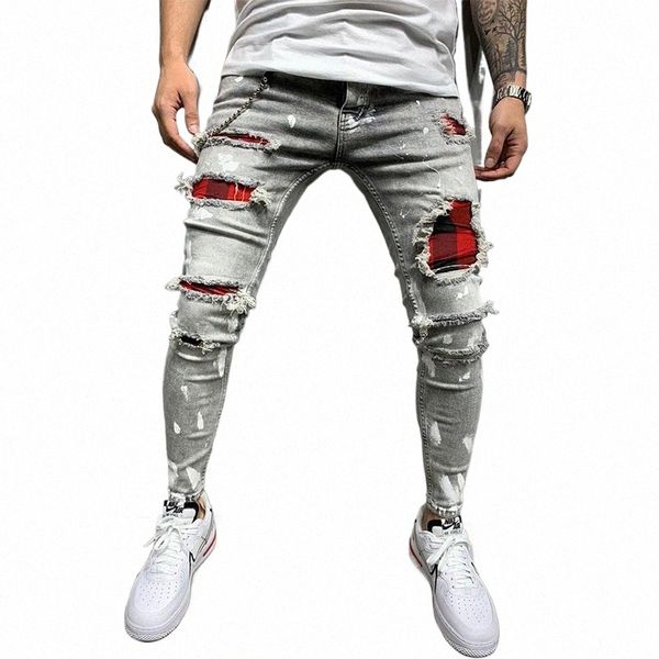 Jeans strappati da uomo stretch skinny grigio blu nero pantaloni hip-hop in denim streetwear casual slim fit jeans per uomo da jogging jean 48y5 #