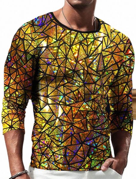 Fi Frühling und Herbst Shiny Herren LG Sleeve Top 3D-Druck Kreative Geometrie T-Shirt Trend Rundhals Hochwertiges Hemd o1Mp #