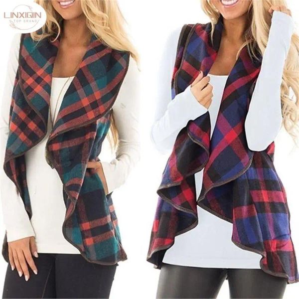 Gilet da donna Autunno Primavera Gilet da donna da ufficio senza maniche Collo rovesciato Giacca aperta sul davanti Cardigan scozzese a quadri Gilet lungo da donna casual