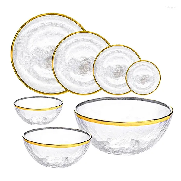 Tigelas estilos minimalistas feitos à mão de tabela de tabela de tabela de tabela de tabela de ouro transparente Placas de pratos domésticos de martelo de cristal